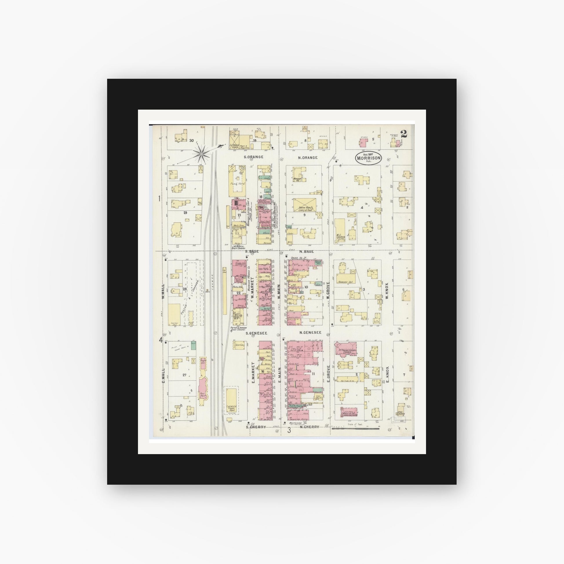 Old map wall art mockup — black gallery frame with white mat — Sanborn Fire Insurance Map from Morrison, Whiteside County, Illinois (1897), Sheet #0002