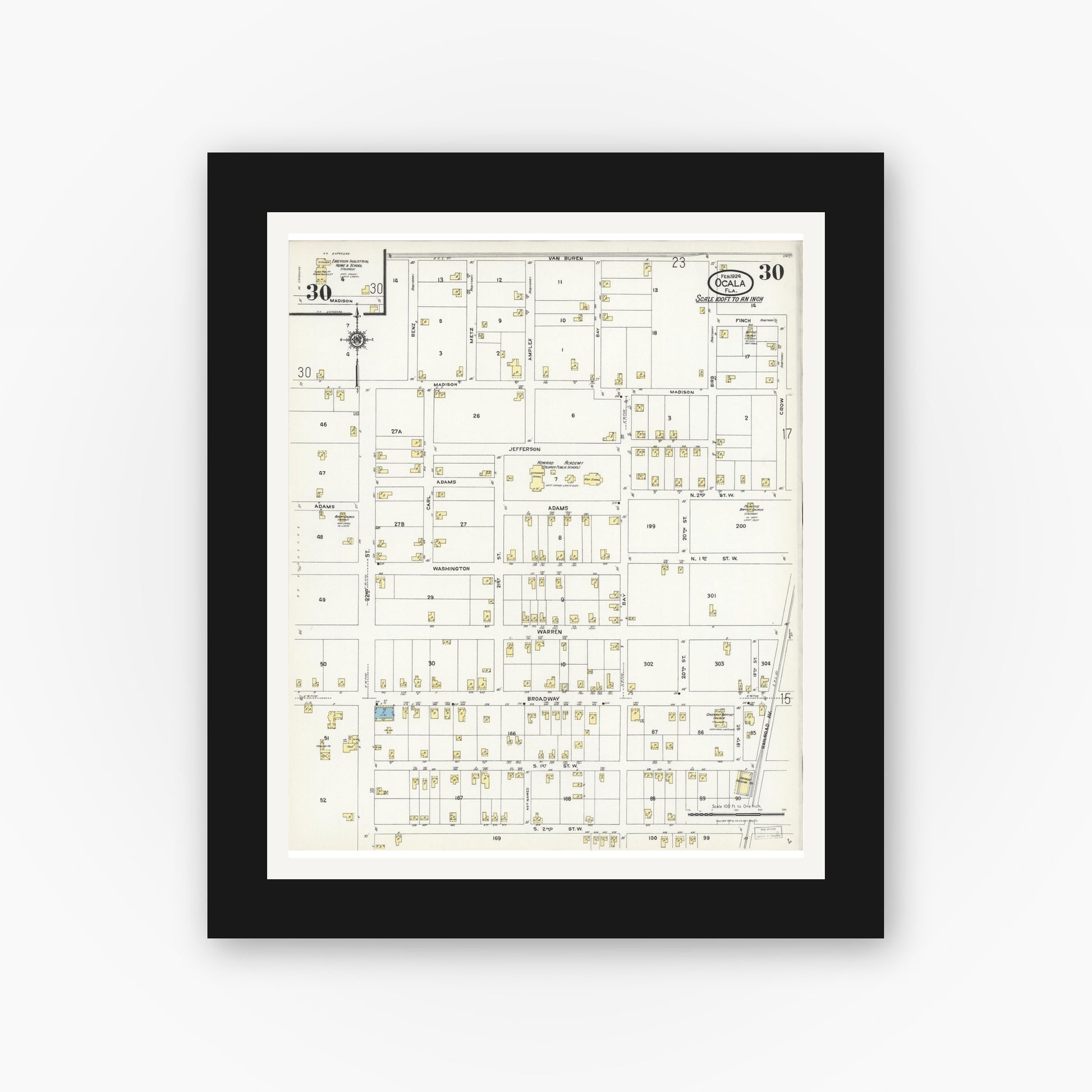 Old map wall art mockup — black gallery frame with white mat — Sanborn Fire Insurance Map from Ocala, Marion County, Florida (1924), Sheet #0030