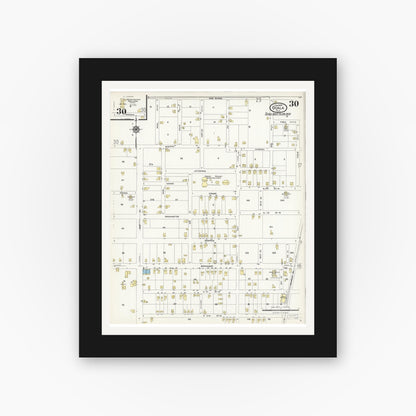 Old map wall art mockup — black gallery frame with white mat — Sanborn Fire Insurance Map from Ocala, Marion County, Florida (1924), Sheet #0030