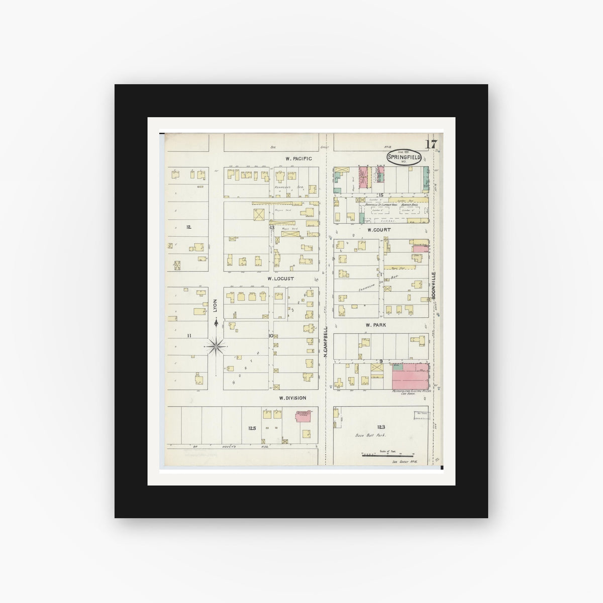 Old map wall art mockup — black gallery frame with white mat — Sanborn Fire Insurance Map from Springfield, Greene County, Missouri (1891), Sheet #0017