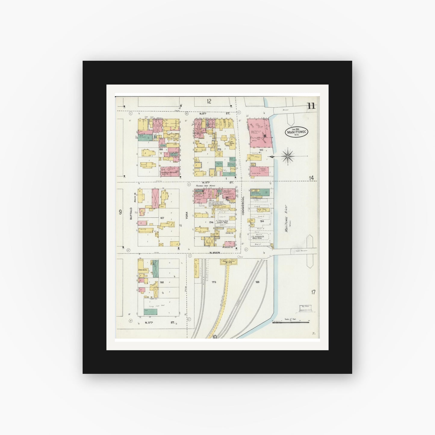 Old map wall art mockup — black gallery frame with white mat — Sanborn Fire Insurance Map from Manitowoc, Manitowoc County, Wisconsin (1906), Sheet #0011