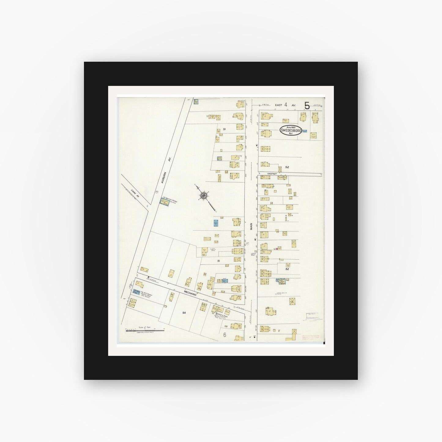 Old map wall art mockup — black gallery frame with white mat — Sanborn Fire Insurance Map from Swedesboro, Gloucester County, New Jersey (1920), Sheet #0005