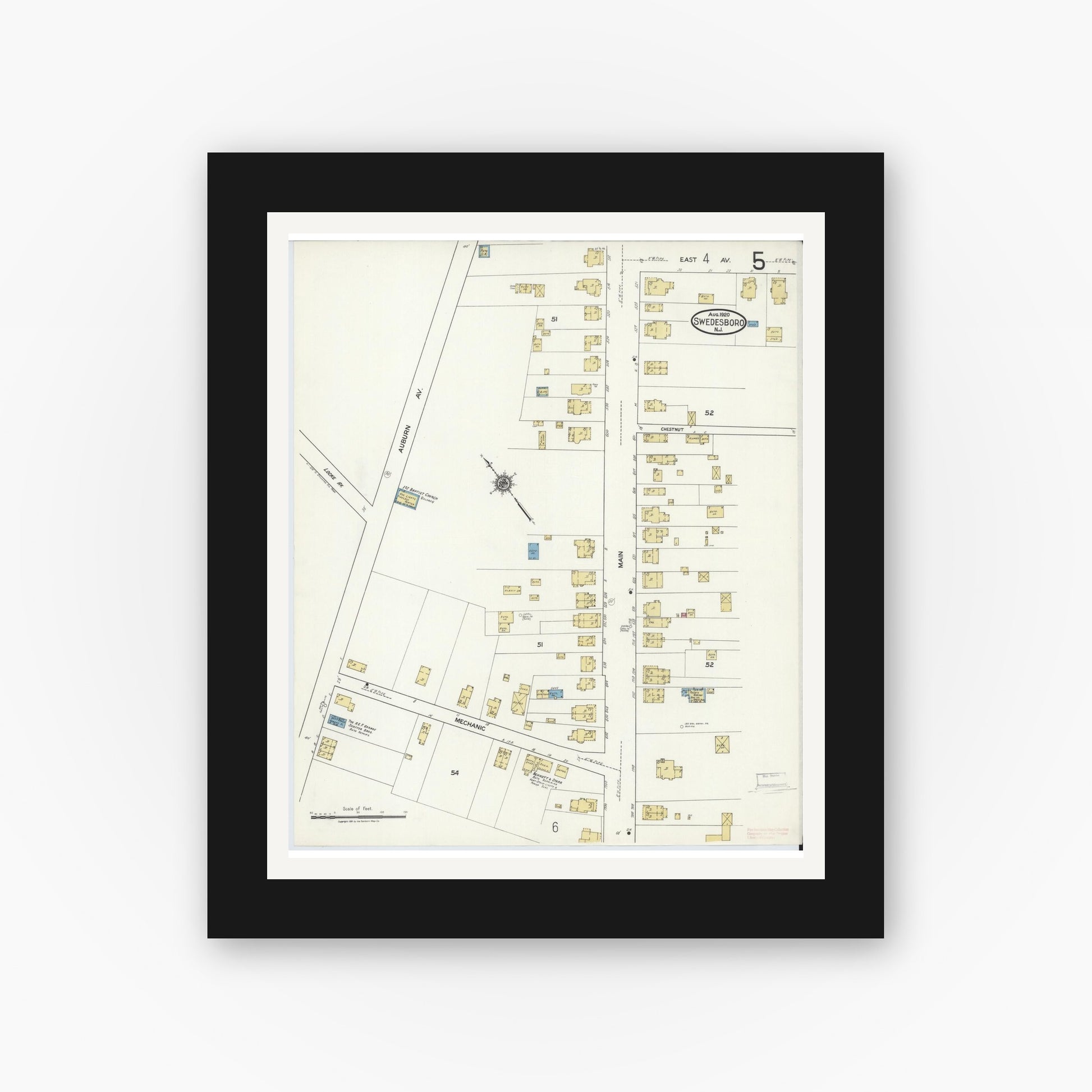 Old map wall art mockup — black gallery frame with white mat — Sanborn Fire Insurance Map from Swedesboro, Gloucester County, New Jersey (1920), Sheet #0005