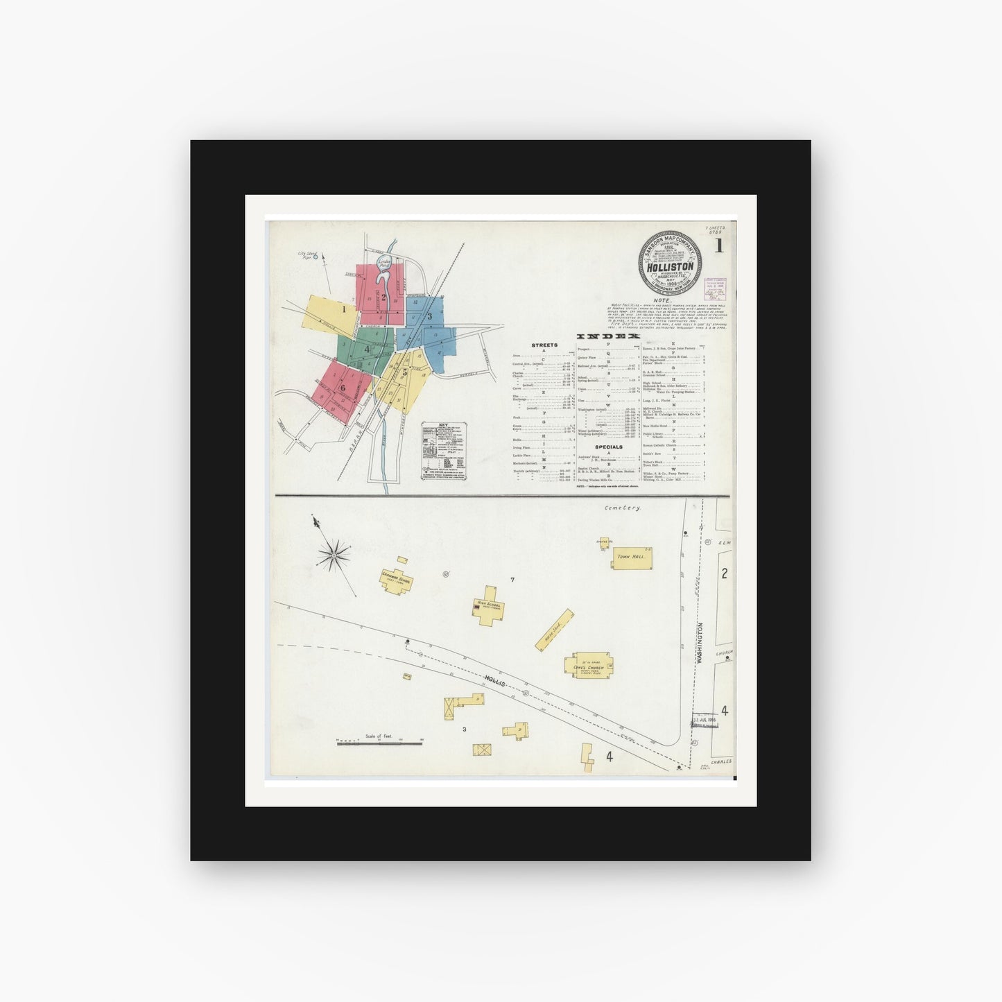 Old map wall art mockup — black gallery frame with white mat — Sanborn Fire Insurance Map from Holliston, Middlesex County, Massachusetts (1906), Sheet #0001