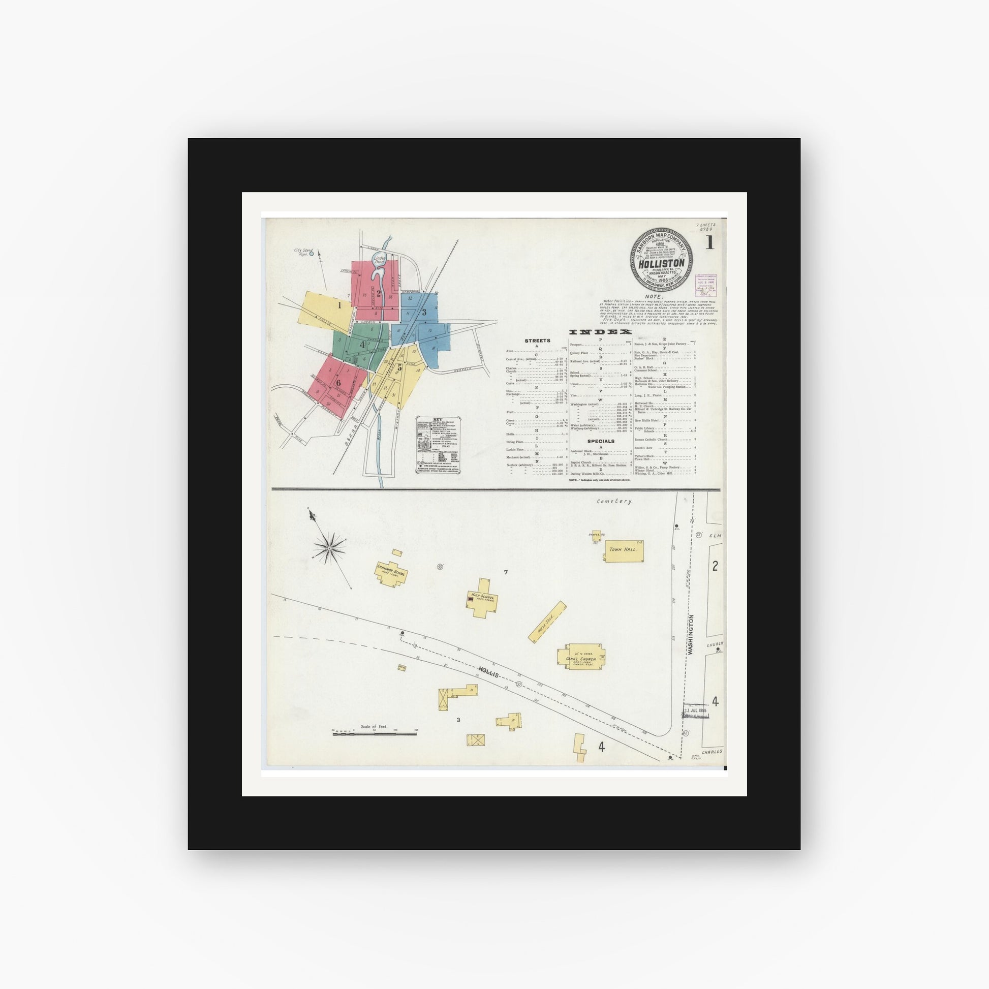 Old map wall art mockup — black gallery frame with white mat — Sanborn Fire Insurance Map from Holliston, Middlesex County, Massachusetts (1906), Sheet #0001