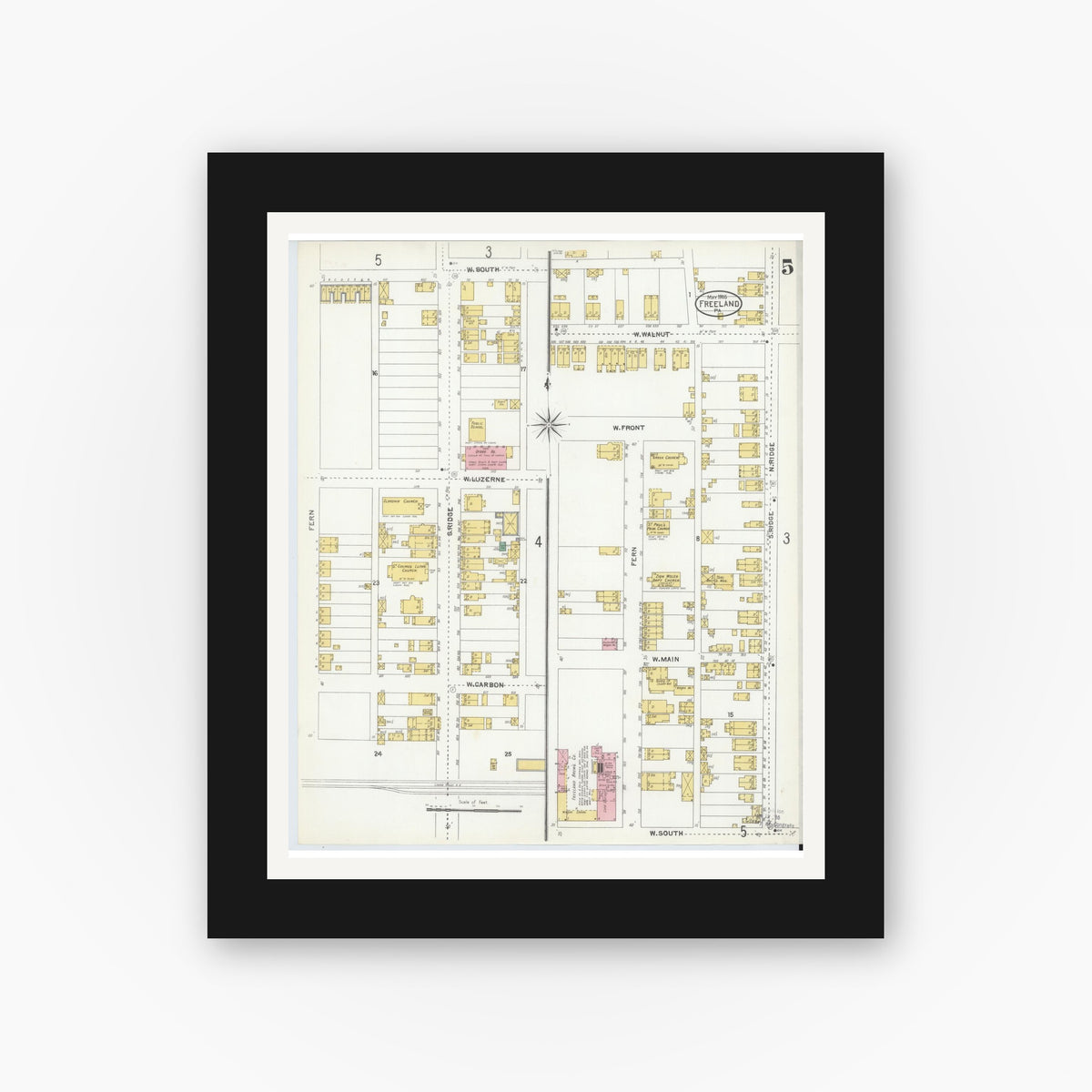 Old map wall art mockup — black gallery frame with white mat — Sanborn Fire Insurance Map from Freeland, Luzerne County, Pennsylvania (1905), Sheet #0005