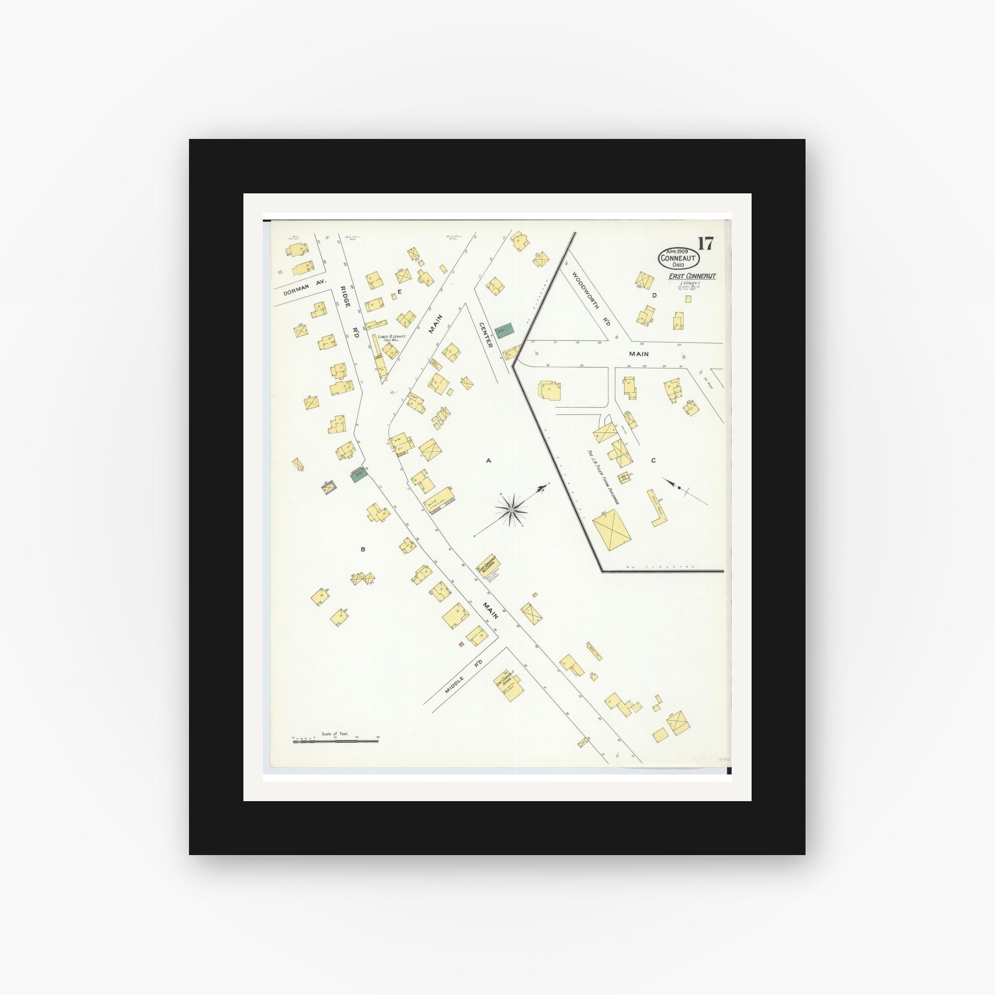 Old map wall art mockup — black gallery frame with white mat — Sanborn Fire Insurance Map from Conneaut, Ashtabula County, Ohio (1909), Sheet #0017