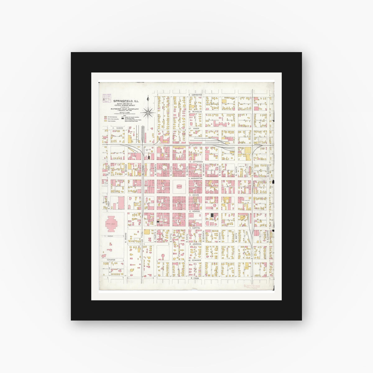 Old map wall art mockup — black gallery frame with white mat — Sanborn Fire Insurance Map from Springfield, Sangamon County, Illinois (1906), Sheet #0001