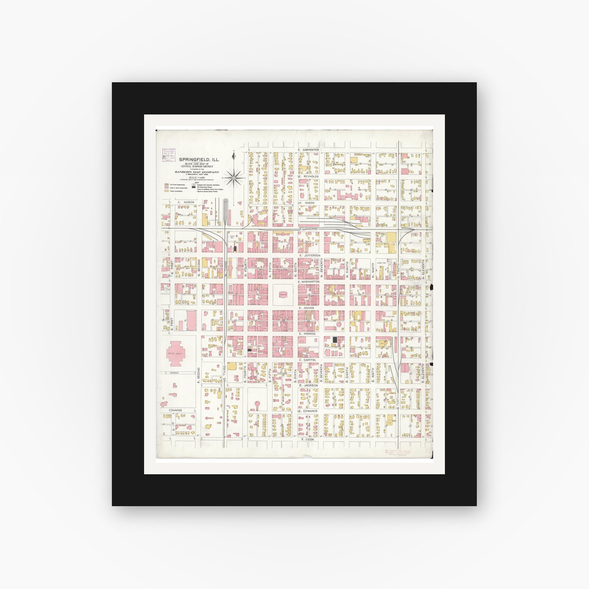 Old map wall art mockup — black gallery frame with white mat — Sanborn Fire Insurance Map from Springfield, Sangamon County, Illinois (1906), Sheet #0001