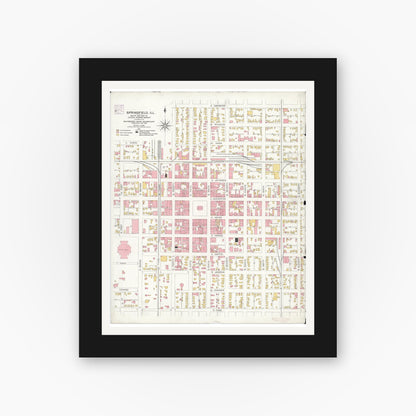 Old map wall art mockup — black gallery frame with white mat — Sanborn Fire Insurance Map from Springfield, Sangamon County, Illinois (1906), Sheet #0001
