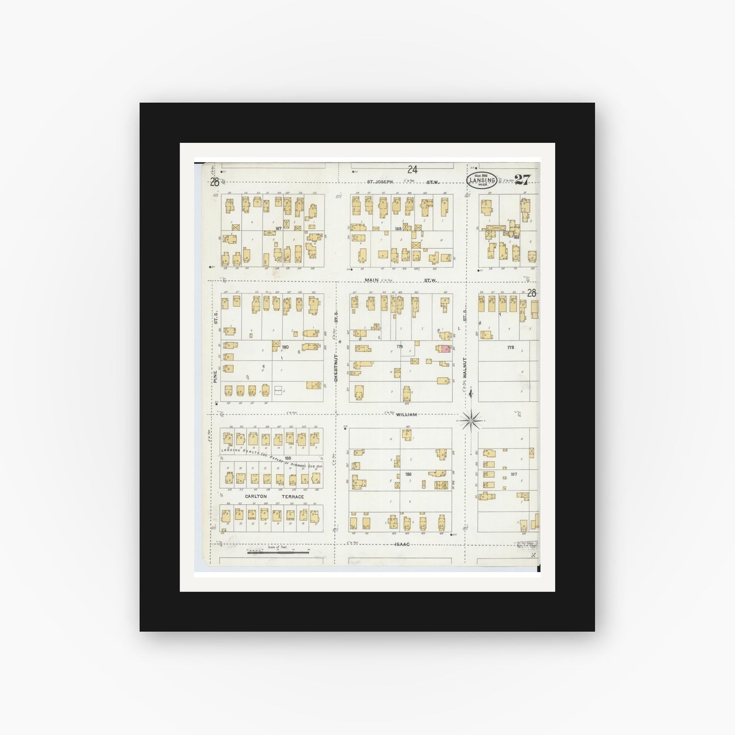 Old map wall art mockup — black gallery frame with white mat — Sanborn Fire Insurance Map from Lansing, Ingham County, Michigan (1906), Sheet #0027