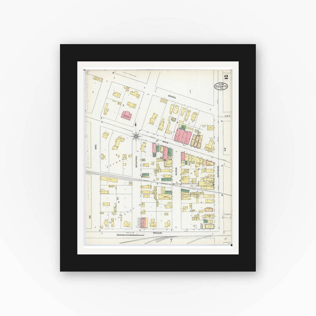 Old map wall art mockup — black gallery frame with white mat — Sanborn Fire Insurance Map from Oconto, Oconto County, Wisconsin (1904), Sheet #0002