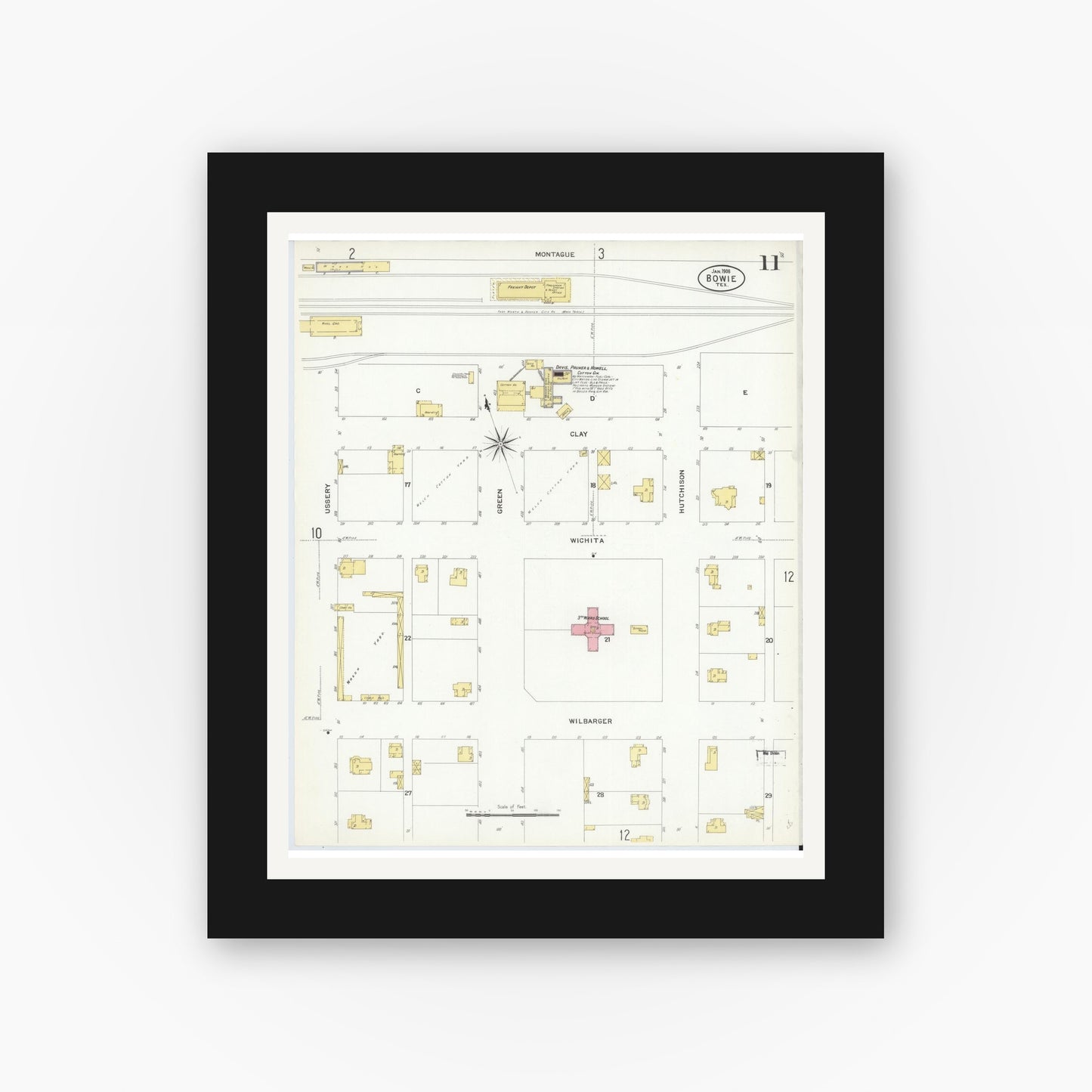 Old map wall art mockup — black gallery frame with white mat — Sanborn Fire Insurance Map from Bowie, Montague County, Texas (1908), Sheet #0011