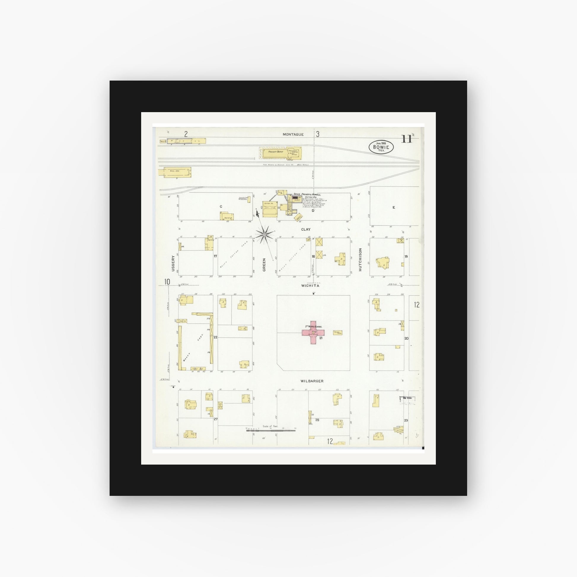 Old map wall art mockup — black gallery frame with white mat — Sanborn Fire Insurance Map from Bowie, Montague County, Texas (1908), Sheet #0011