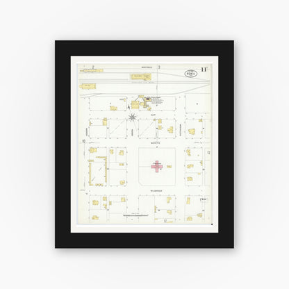 Old map wall art mockup — black gallery frame with white mat — Sanborn Fire Insurance Map from Bowie, Montague County, Texas (1908), Sheet #0011