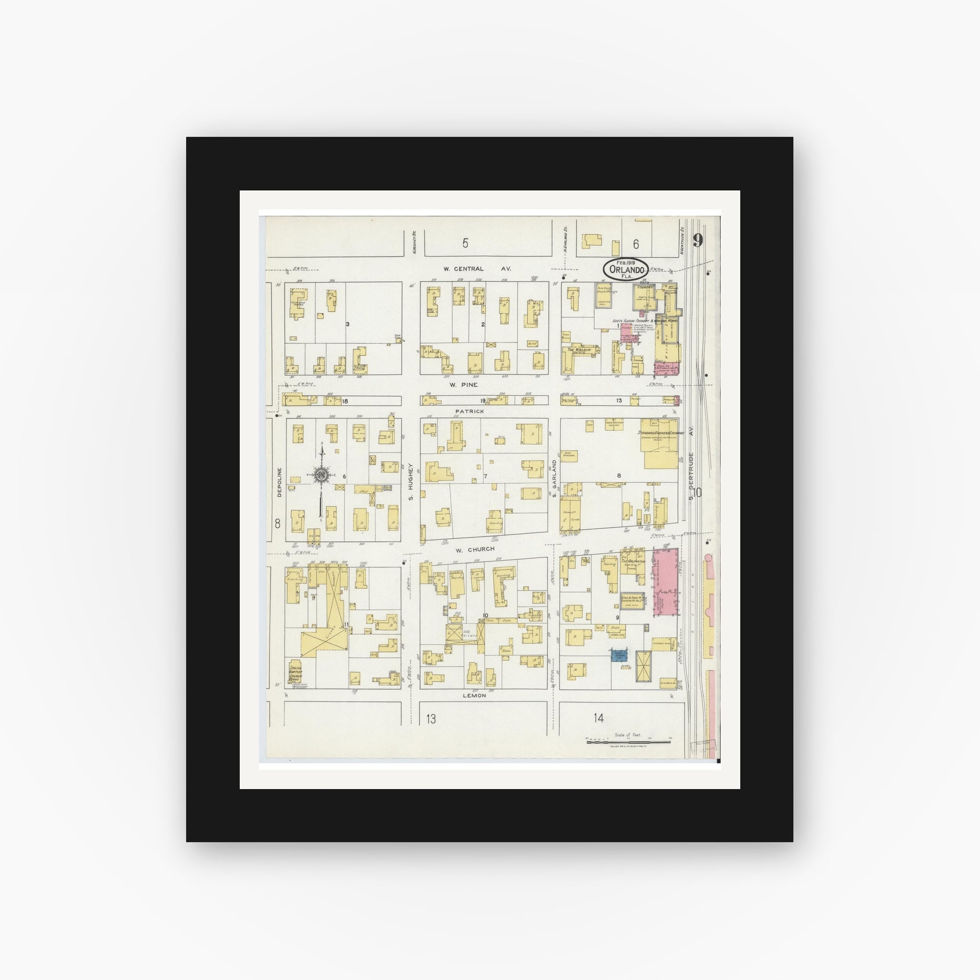 Old map wall art mockup — black gallery frame with white mat — Sanborn Fire Insurance Map from Orlando, Orange County, Florida (1919), Sheet #0009