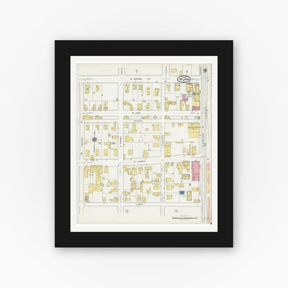 Old map wall art mockup — black gallery frame with white mat — Sanborn Fire Insurance Map from Orlando, Orange County, Florida (1919), Sheet #0009