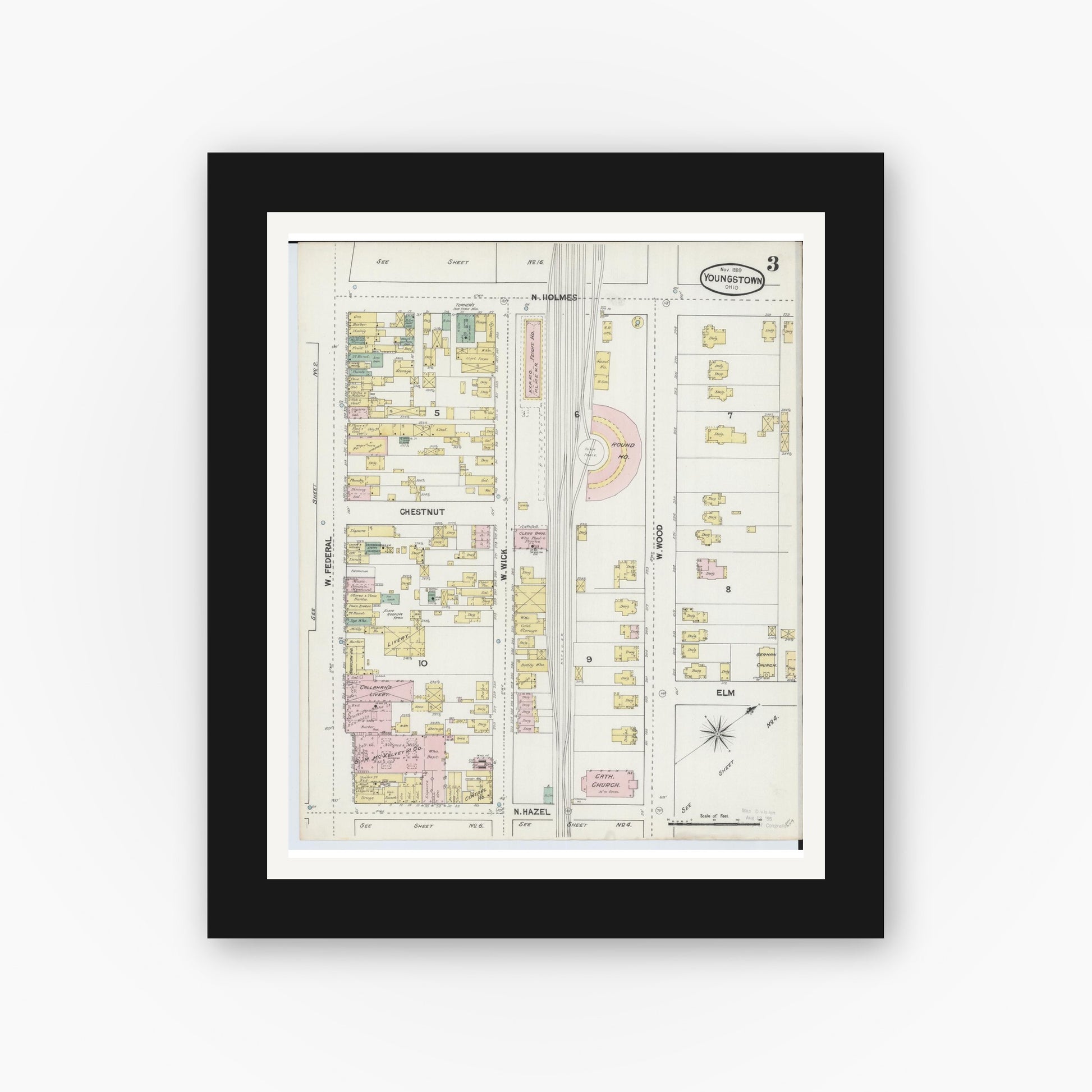Old map wall art mockup — black gallery frame with white mat — Sanborn Fire Insurance Map from Youngstown, Mahoning County, Ohio (1889), Sheet #0003