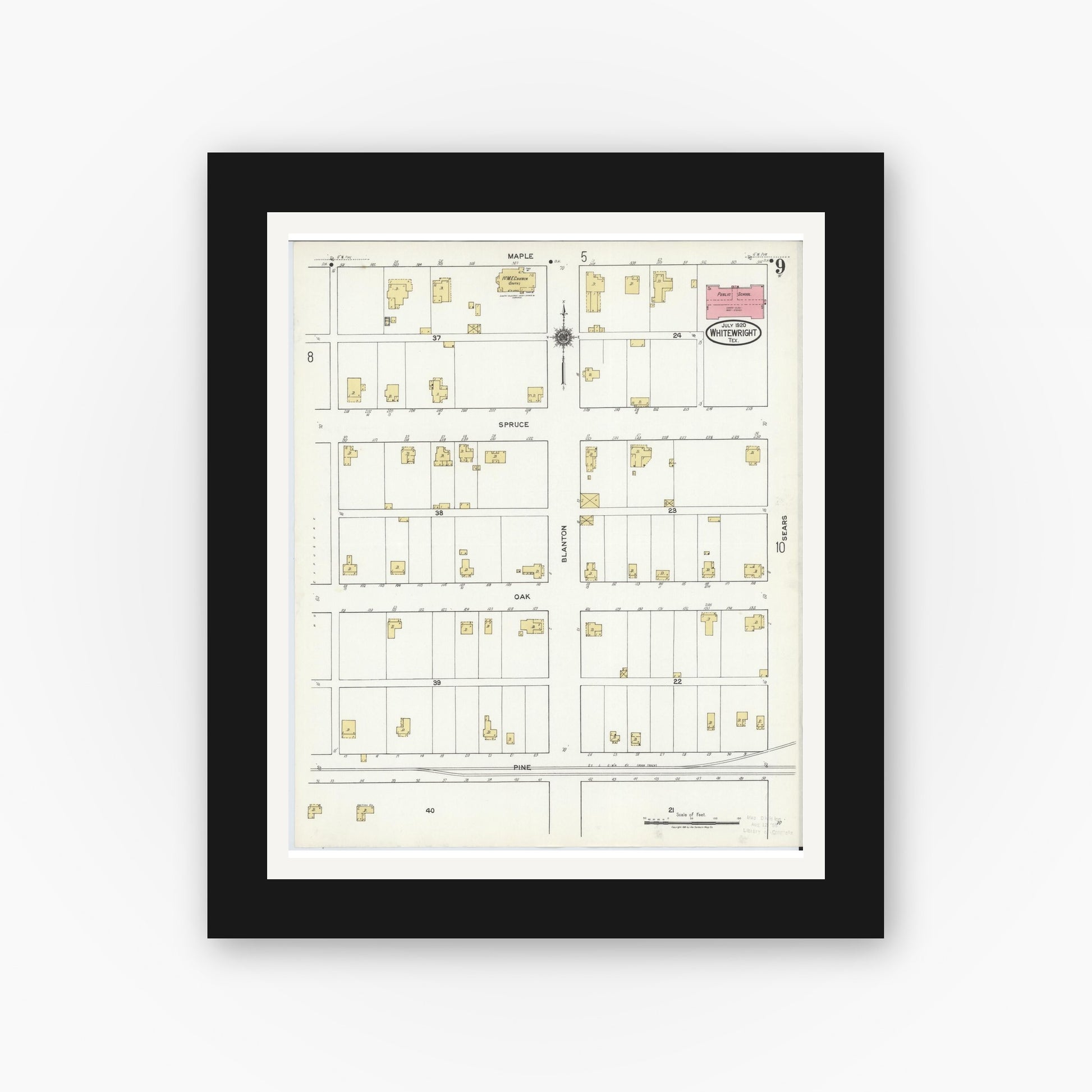 Old map wall art mockup — black gallery frame with white mat — Sanborn Fire Insurance Map from Whitewright, Grayson County, Texas (1920), Sheet #0009
