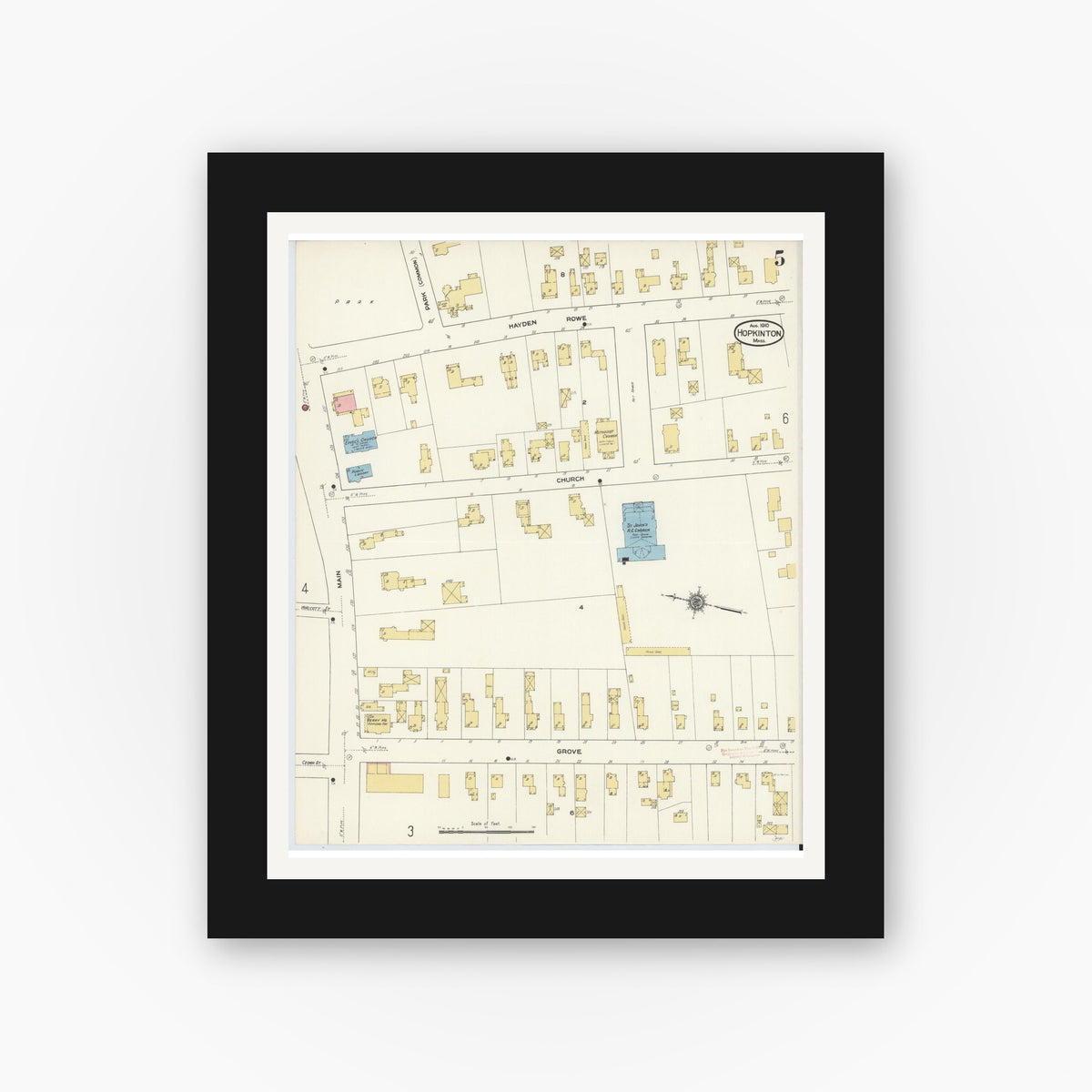 Old map wall art mockup — black gallery frame with white mat — Sanborn Fire Insurance Map from Hopkinton, Middlesex County, Massachusetts (1910), Sheet #0005