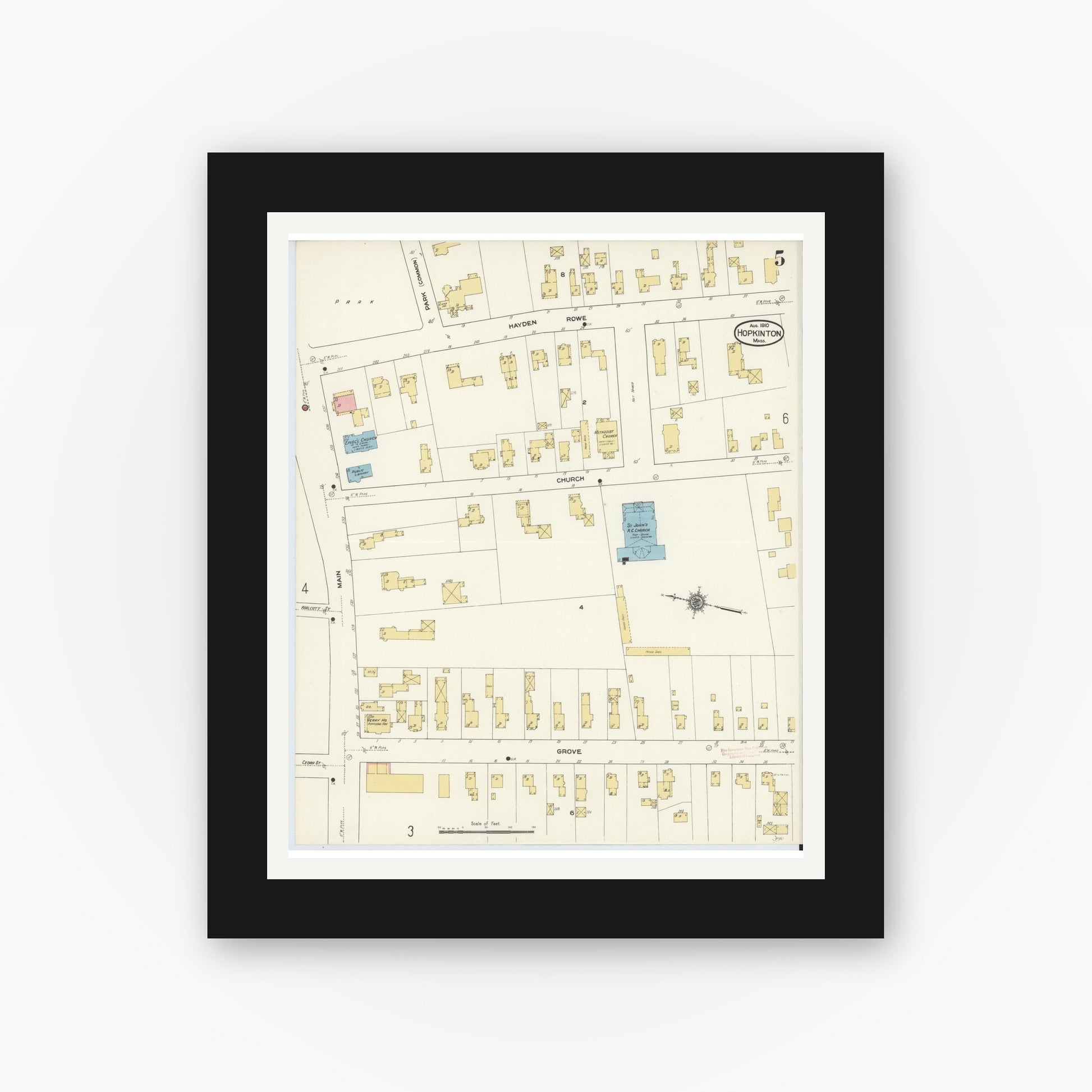 Old map wall art mockup — black gallery frame with white mat — Sanborn Fire Insurance Map from Hopkinton, Middlesex County, Massachusetts (1910), Sheet #0005