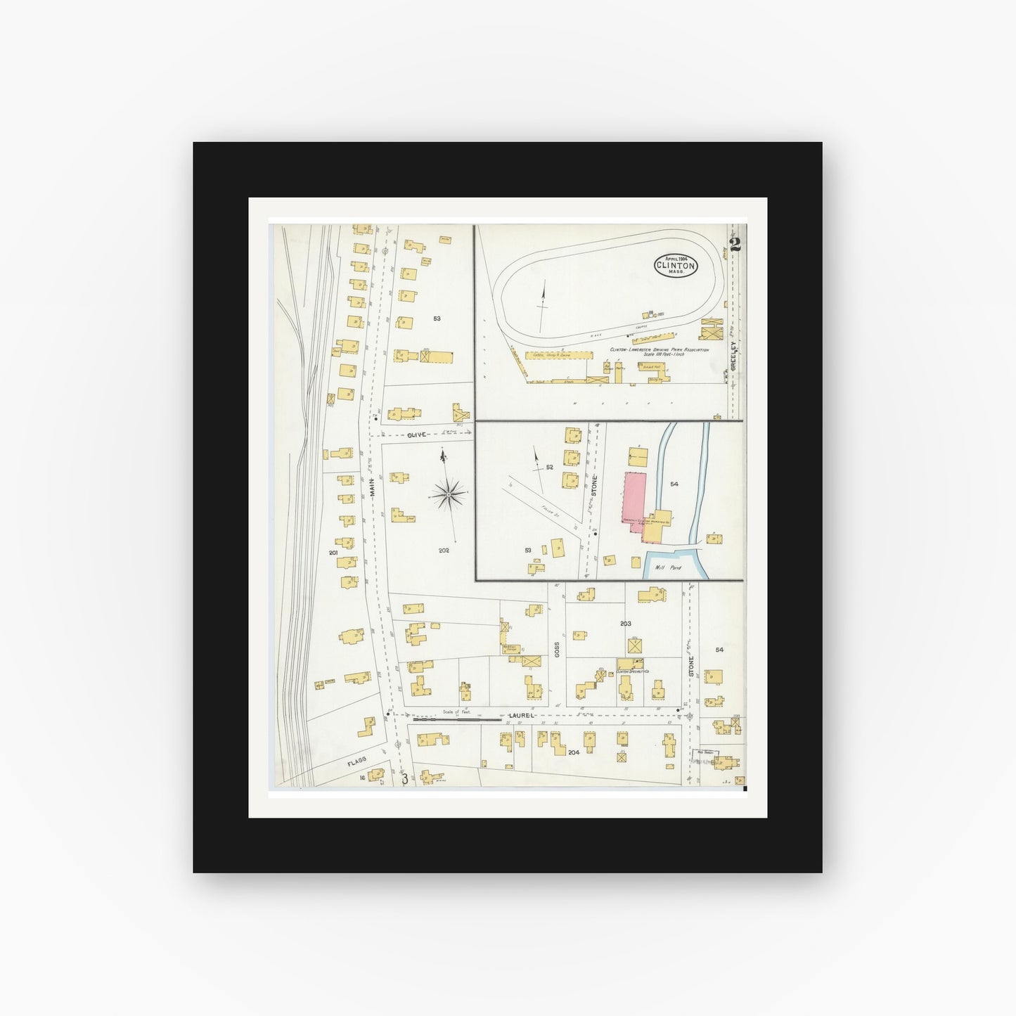 Old map wall art mockup — black gallery frame with white mat — Sanborn Fire Insurance Map from Clinton, Worcester County, Massachusetts (1904), Sheet #0002