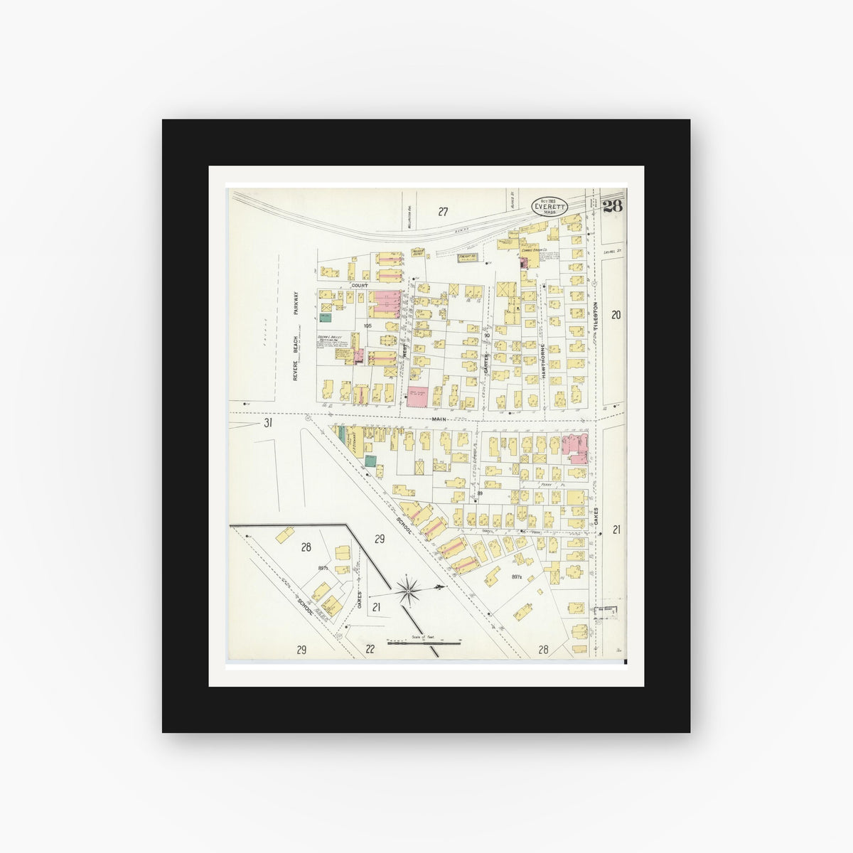 Old map wall art mockup — black gallery frame with white mat — Sanborn Fire Insurance Map from Everett, Middlesex County, Massachusetts (1903), Sheet #0028