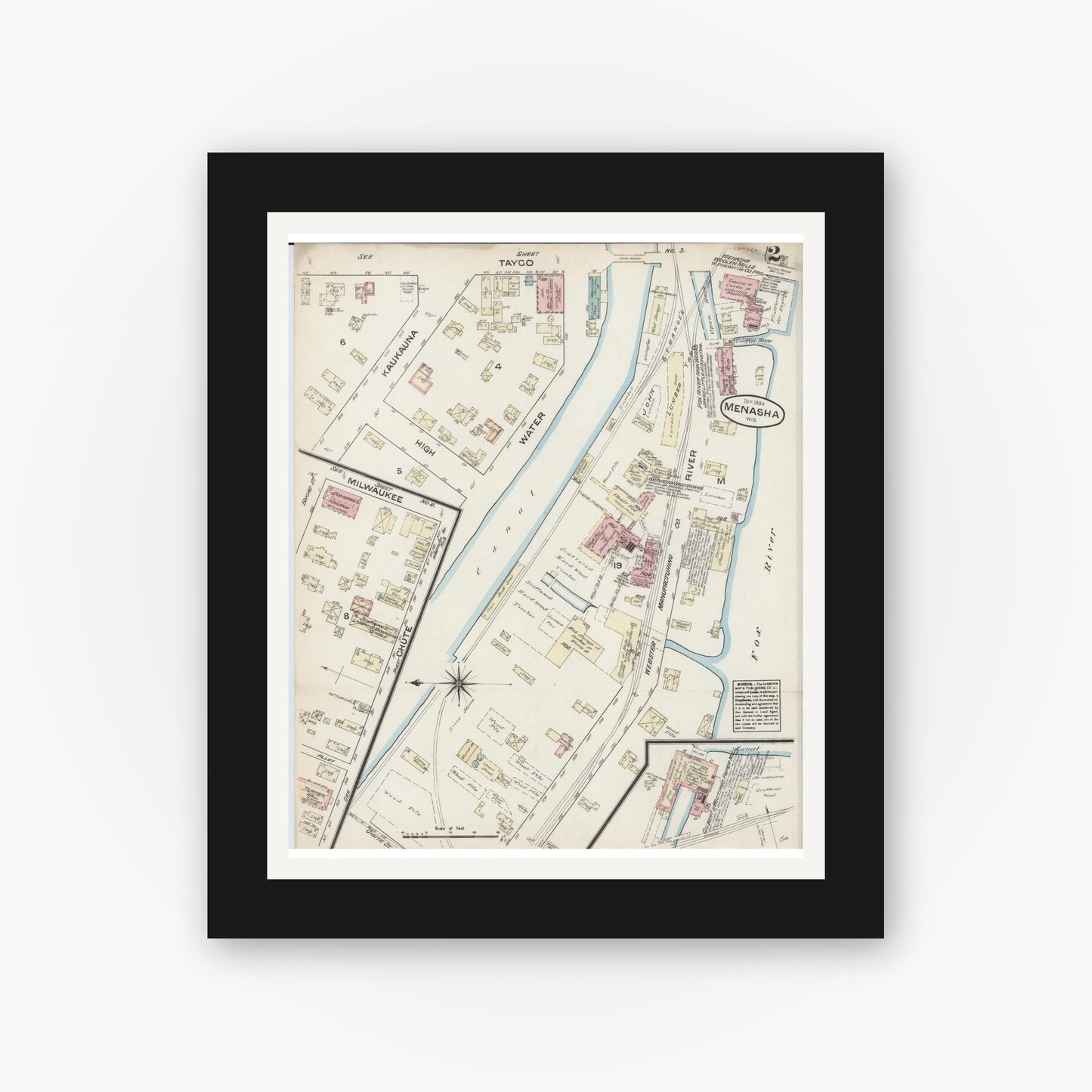 Old map wall art mockup — black gallery frame with white mat — Sanborn Fire Insurance Map from Menasha, Winnebago County, Wisconsin (1884), Sheet #0002