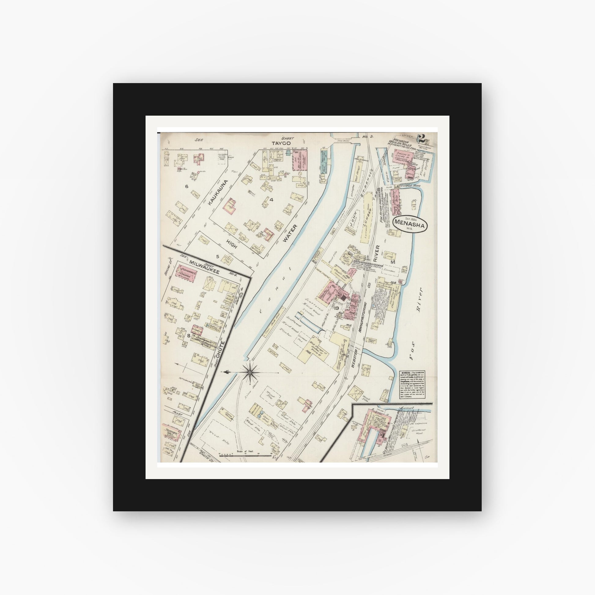 Old map wall art mockup — black gallery frame with white mat — Sanborn Fire Insurance Map from Menasha, Winnebago County, Wisconsin (1884), Sheet #0002
