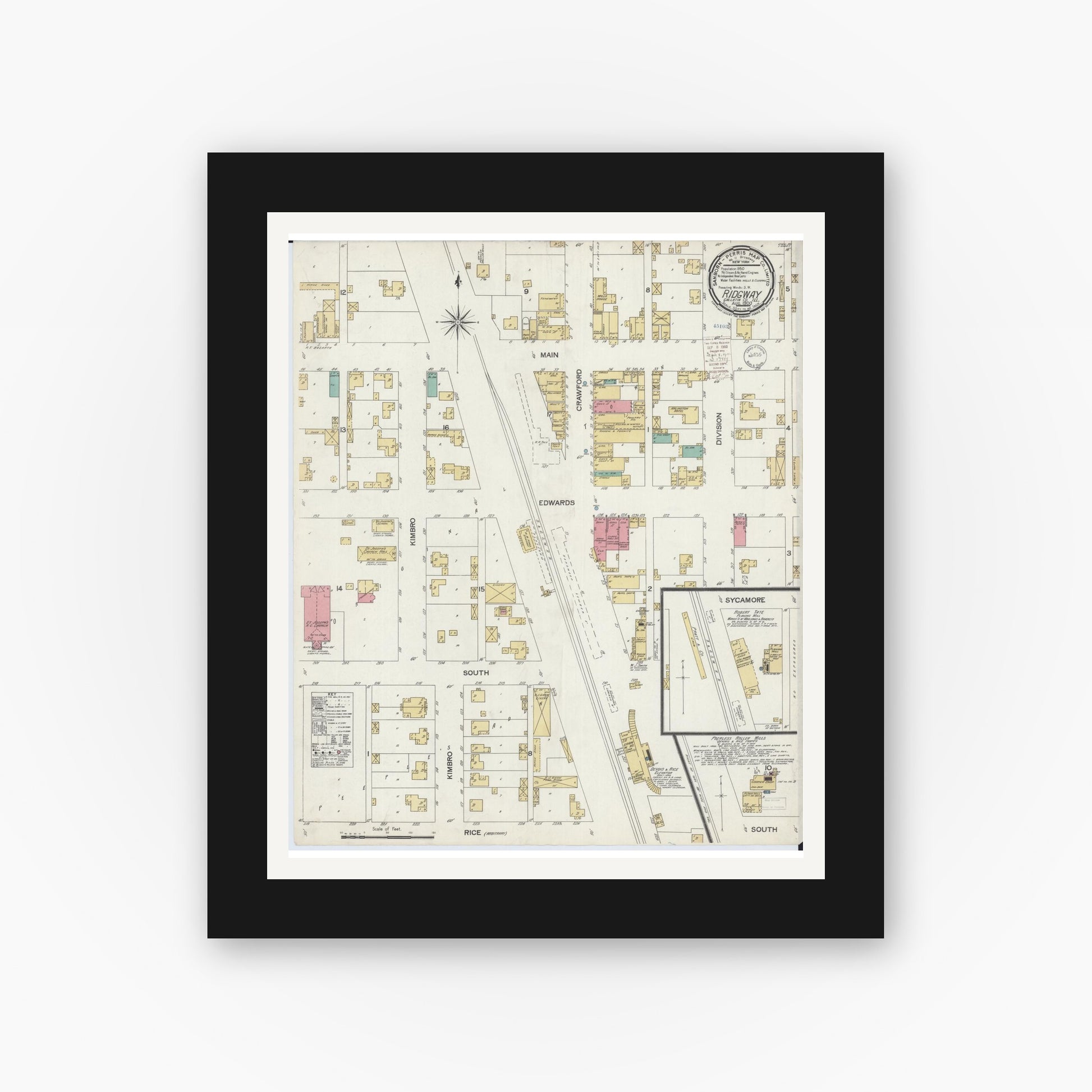 Old map wall art mockup — black gallery frame with white mat — Sanborn Fire Insurance Map from Ridgway, Gallatin County, Illinois (1900), Sheet #0001