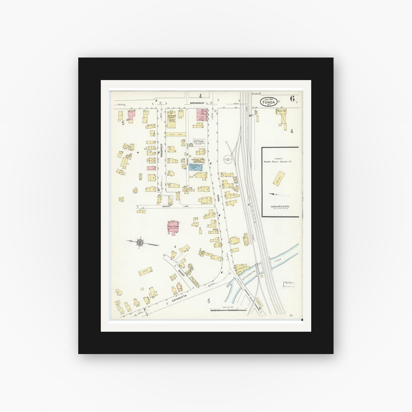 Old map wall art mockup — black gallery frame with white mat — Sanborn Fire Insurance Map from Fonda, Montgomery County, New York (1912), Sheet #0006
