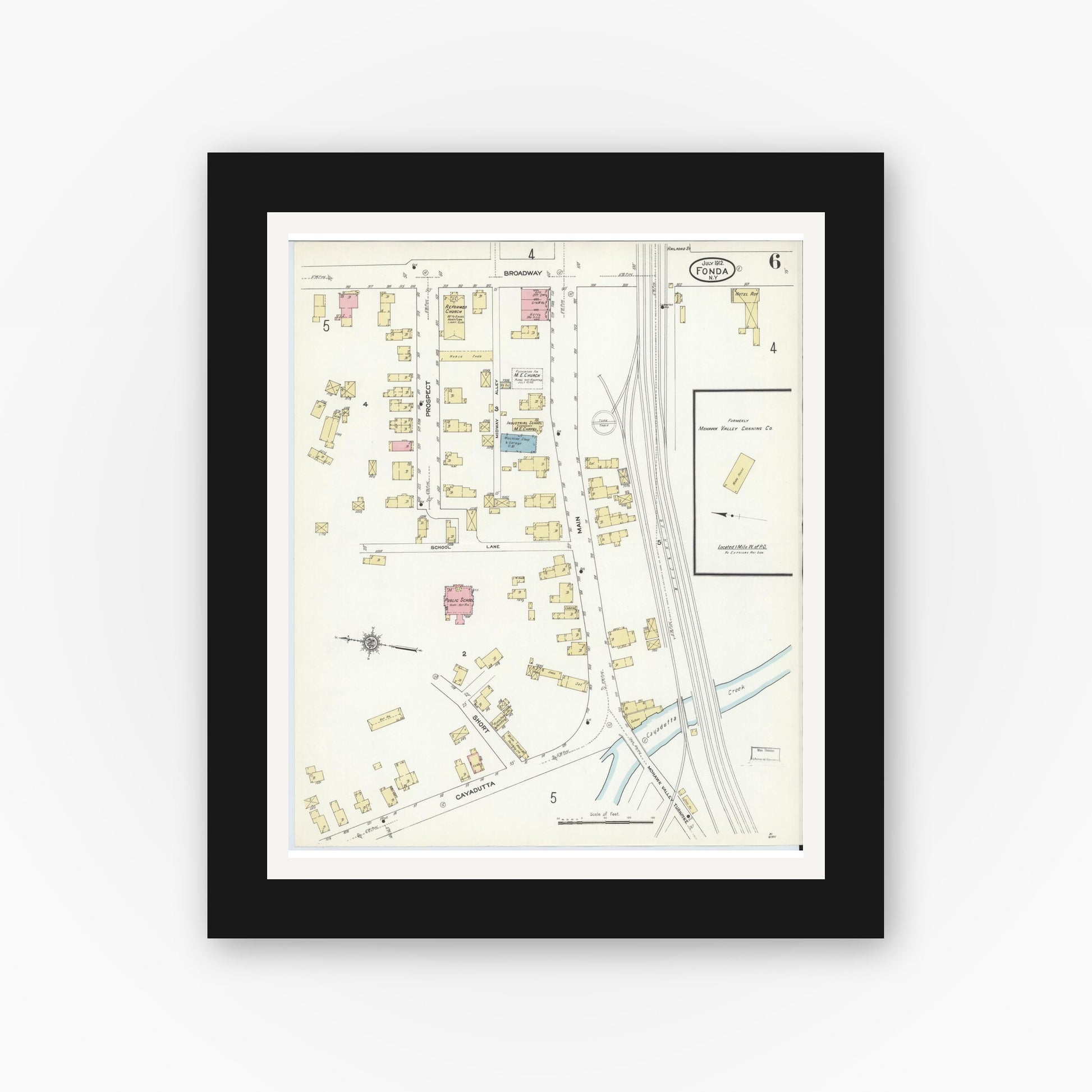 Old map wall art mockup — black gallery frame with white mat — Sanborn Fire Insurance Map from Fonda, Montgomery County, New York (1912), Sheet #0006