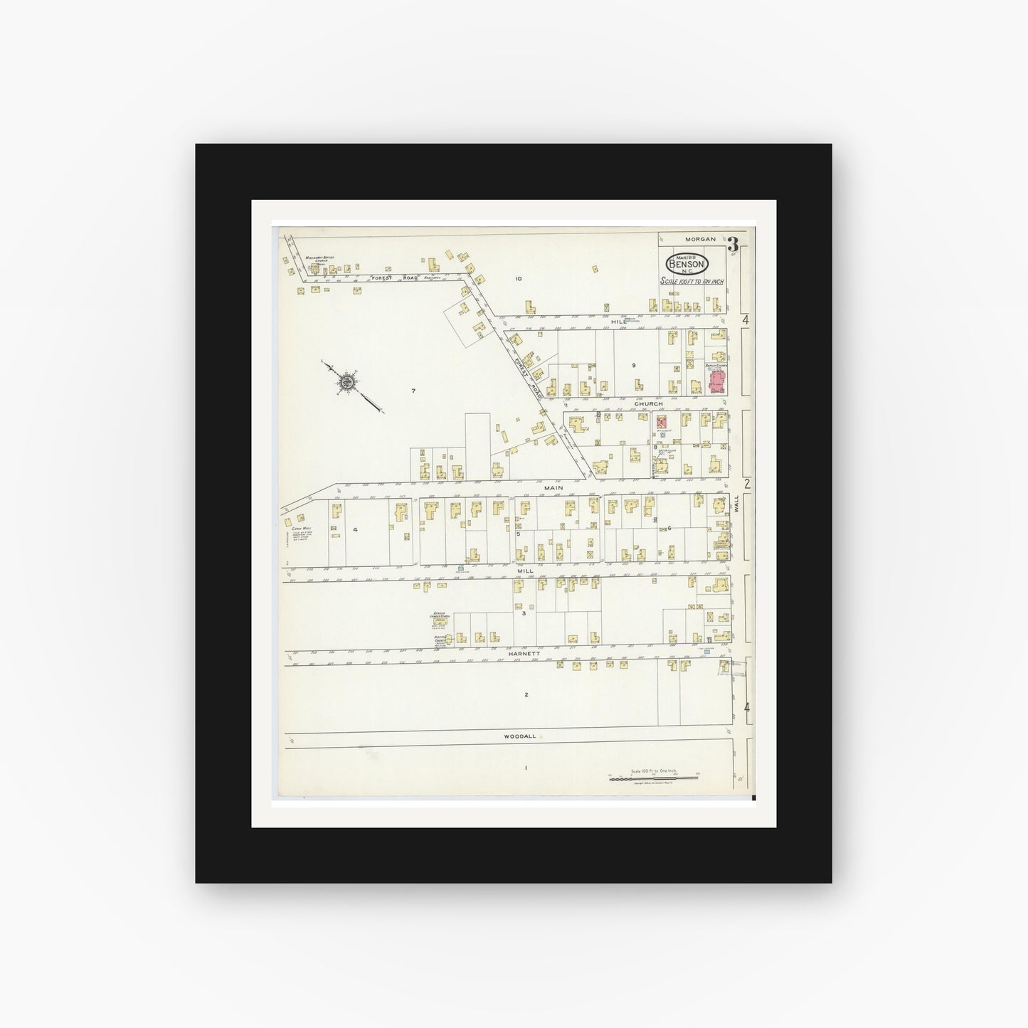 Old map wall art mockup — black gallery frame with white mat — Sanborn Fire Insurance Map from Benson, Johnson County, North Carolina (1918), Sheet #0003