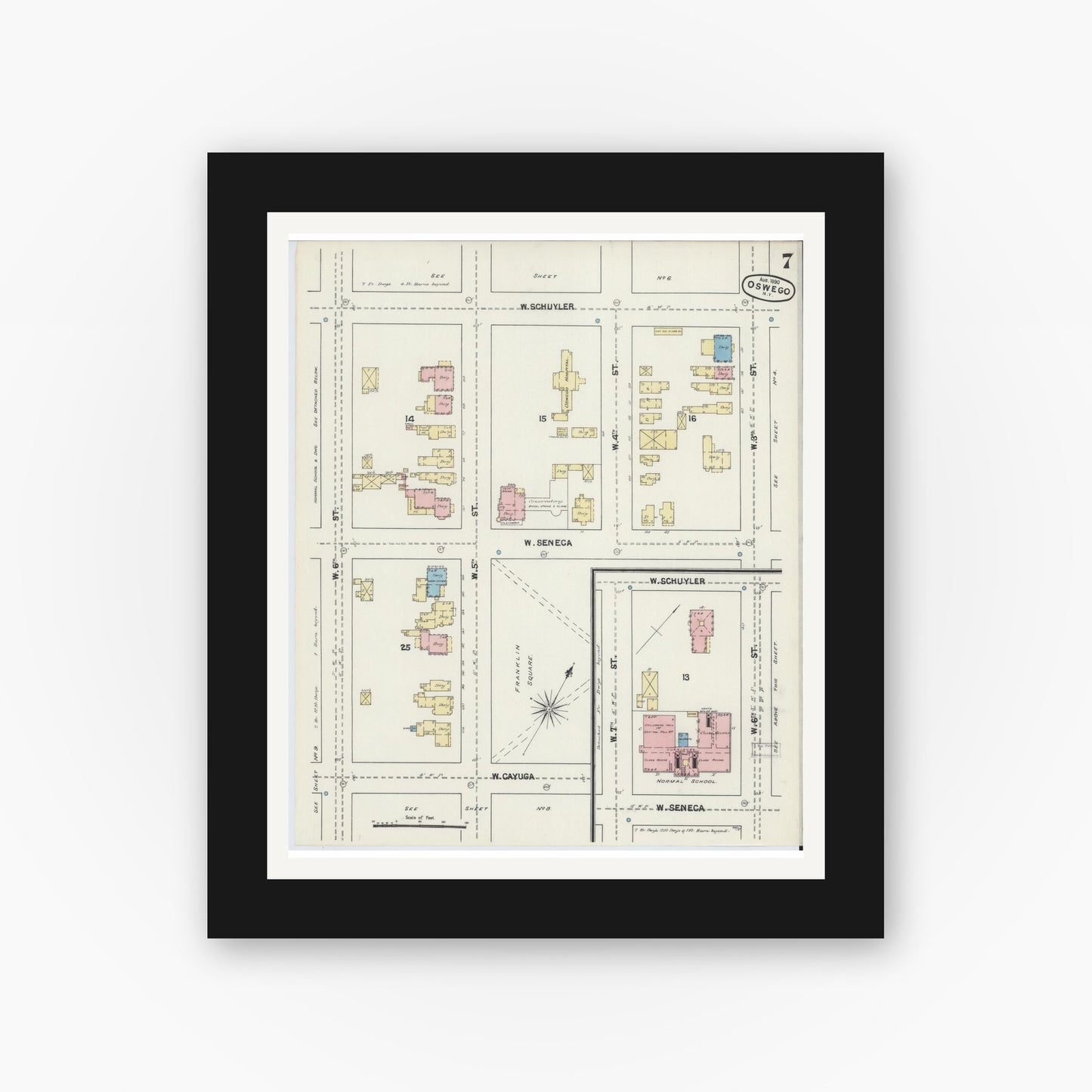 Old map wall art mockup — black gallery frame with white mat — Sanborn Fire Insurance Map from Oswego, Oswego County, New York (1890), Sheet #0007
