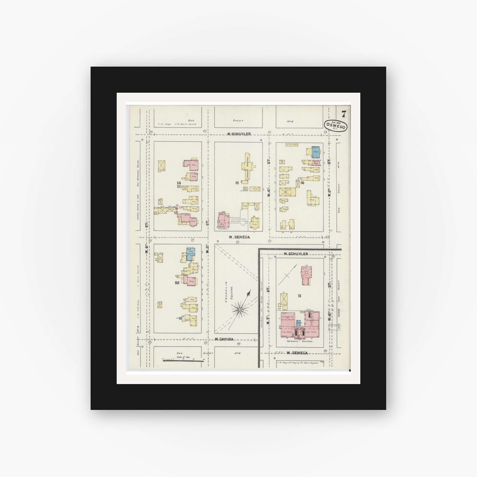 Old map wall art mockup — black gallery frame with white mat — Sanborn Fire Insurance Map from Oswego, Oswego County, New York (1890), Sheet #0007
