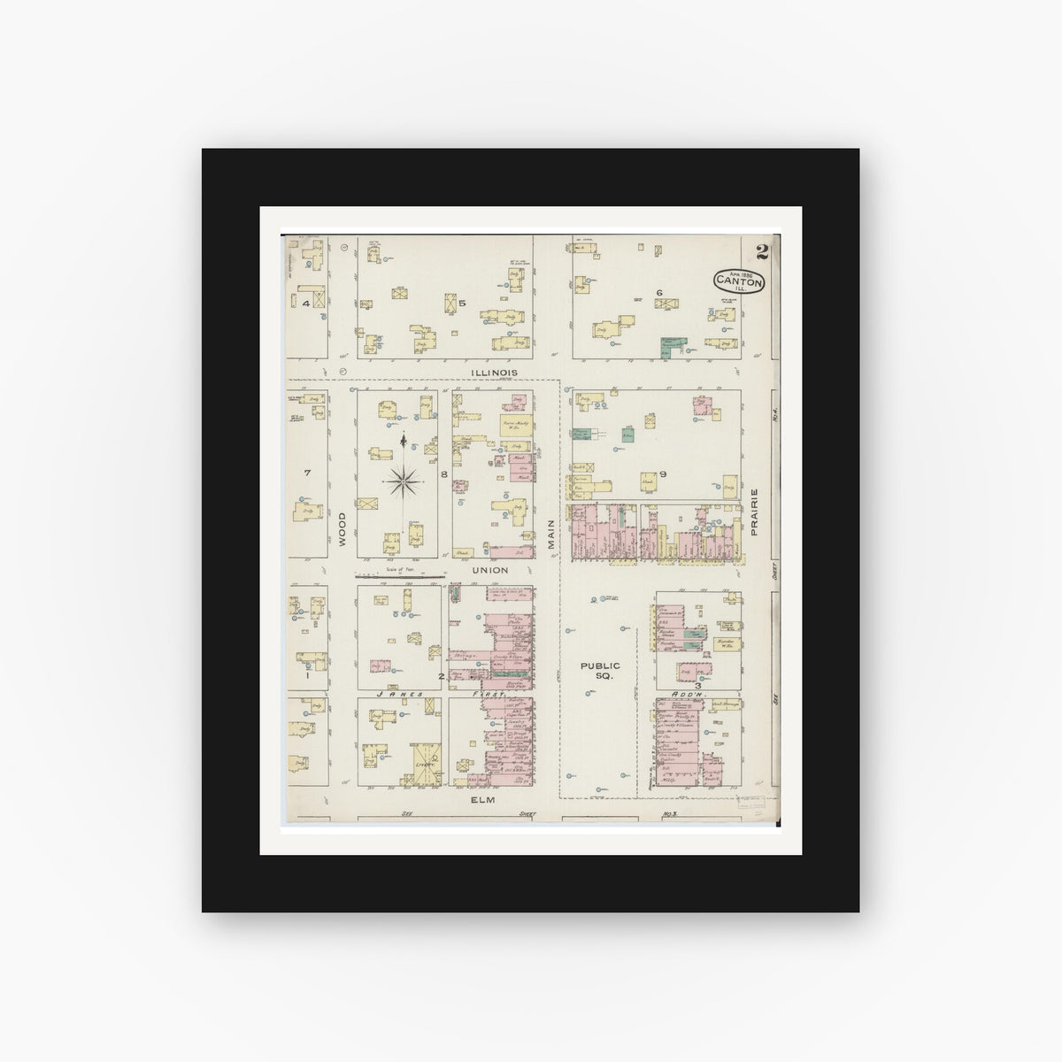 Old map wall art mockup — black gallery frame with white mat — Sanborn Fire Insurance Map from Canton, Fulton County, Illinois (1886), Sheet #0002