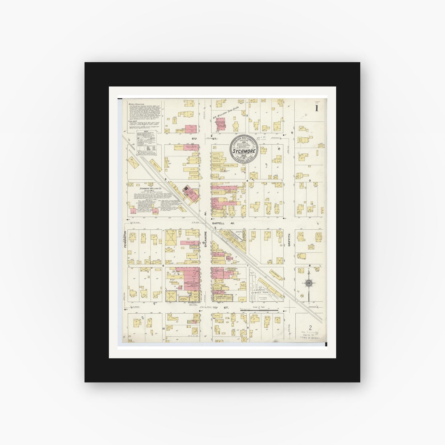 Old map wall art mockup — black gallery frame with white mat — Sanborn Fire Insurance Map from Sycamore, Wyandot County, Ohio (1911), Sheet #0001