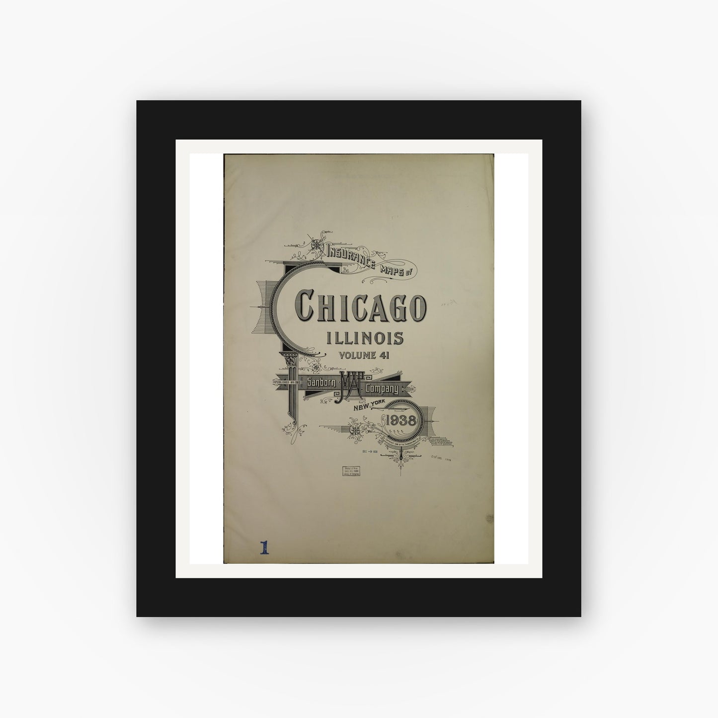 Old map wall art mockup — black gallery frame with white mat — Sanborn Fire Insurance Map from Chicago, Cook County, Illinois (1938), Sheet #0001