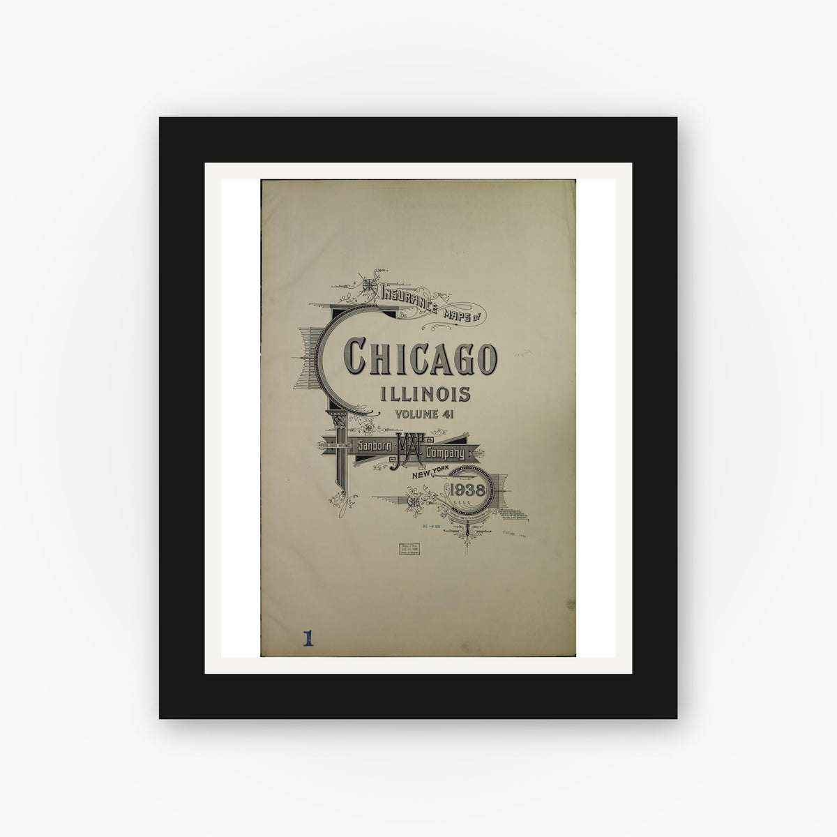 Old map wall art mockup — black gallery frame with white mat — Sanborn Fire Insurance Map from Chicago, Cook County, Illinois (1938), Sheet #0001