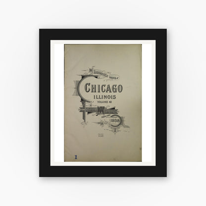 Old map wall art mockup — black gallery frame with white mat — Sanborn Fire Insurance Map from Chicago, Cook County, Illinois (1938), Sheet #0001
