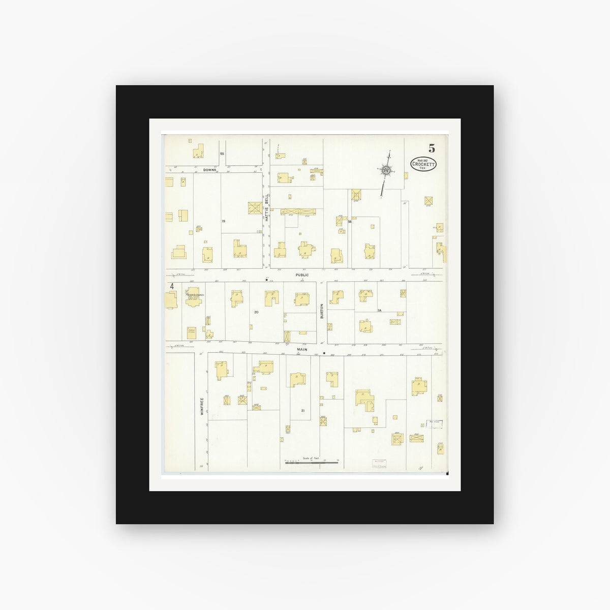 Old map wall art mockup — black gallery frame with white mat — Sanborn Fire Insurance Map from Crockett, Houston County, Texas (1912), Sheet #0005
