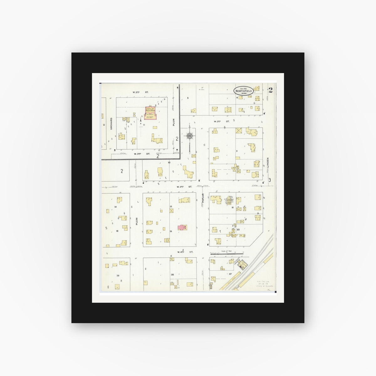 Old map wall art mockup — black gallery frame with white mat — Sanborn Fire Insurance Map from Northfield, Rice County, Minnesota (1910), Sheet #0002