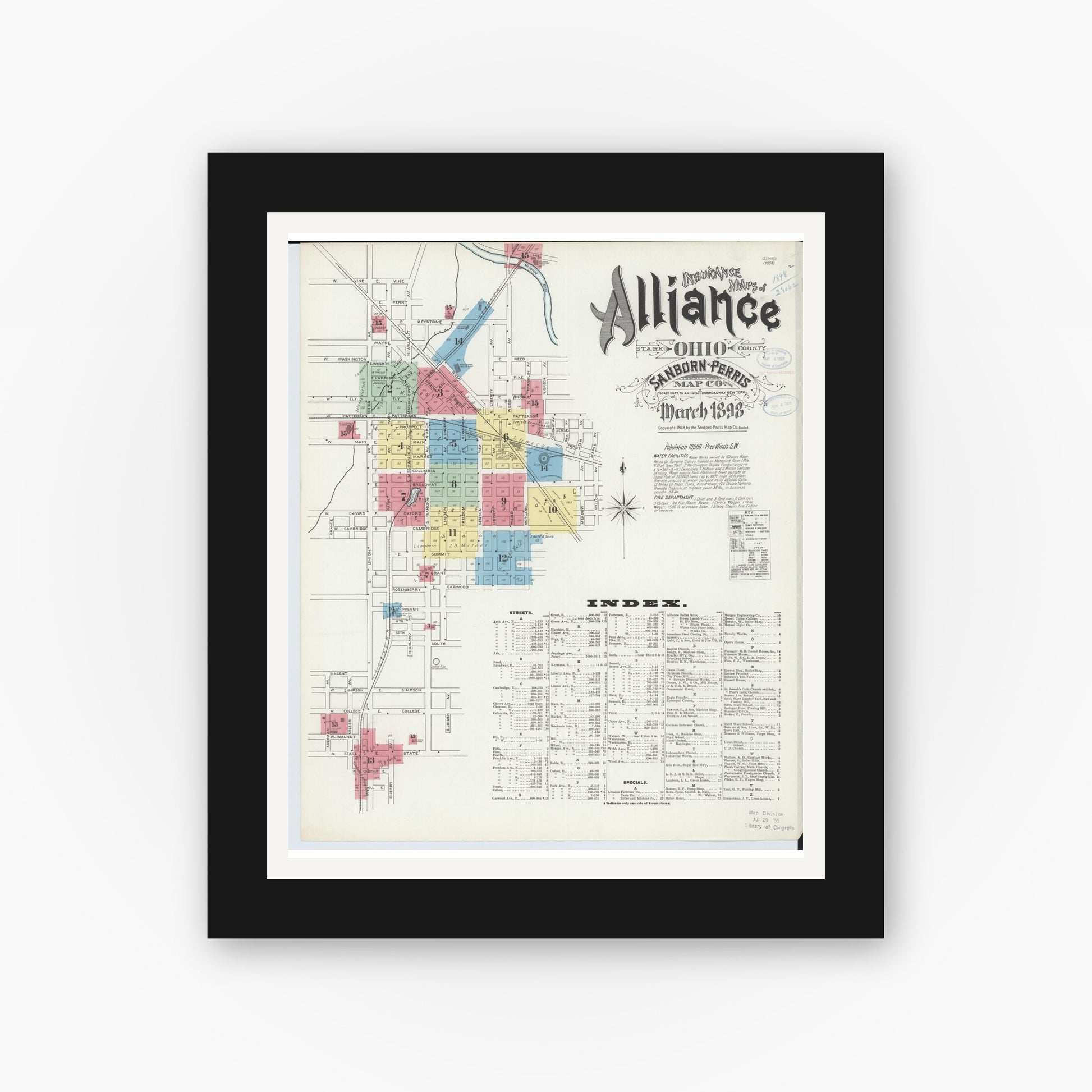 Old map wall art mockup — black gallery frame with white mat — Sanborn Fire Insurance Map from Alliance, Stark County, Ohio (1898) - Complete Map Set
