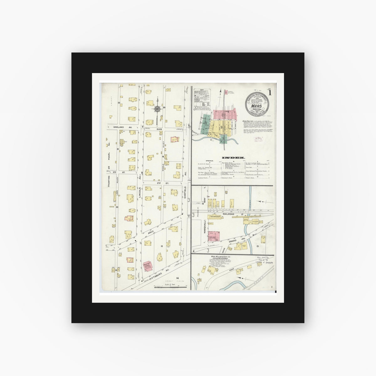 Old map wall art mockup — black gallery frame with white mat — Sanborn Fire Insurance Map from Mars, Butler County, Pennsylvania (1911), Sheet #0001