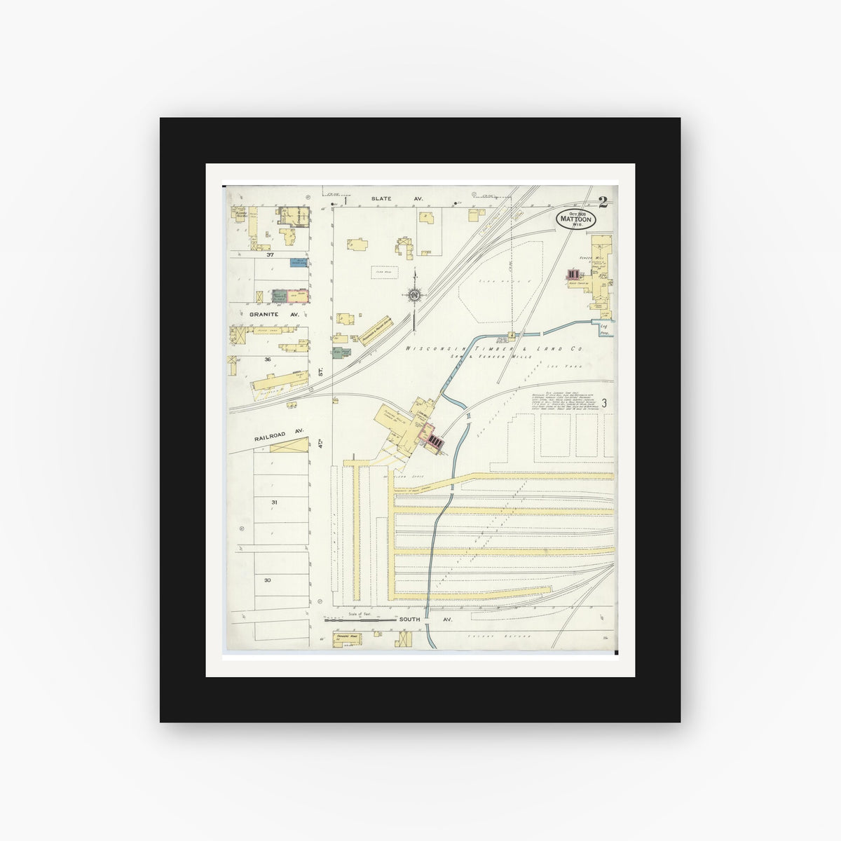 Old map wall art mockup — black gallery frame with white mat — Sanborn Fire Insurance Map from Mattoon, Shawano County, Wisconsin (1909), Sheet #0002