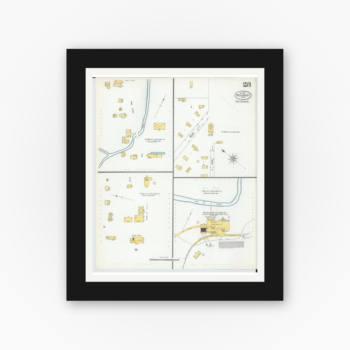 Old map wall art mockup — black gallery frame with white mat — Sanborn Fire Insurance Map from Red Jacket, Houghton County, Michigan (1900), Sheet #0028