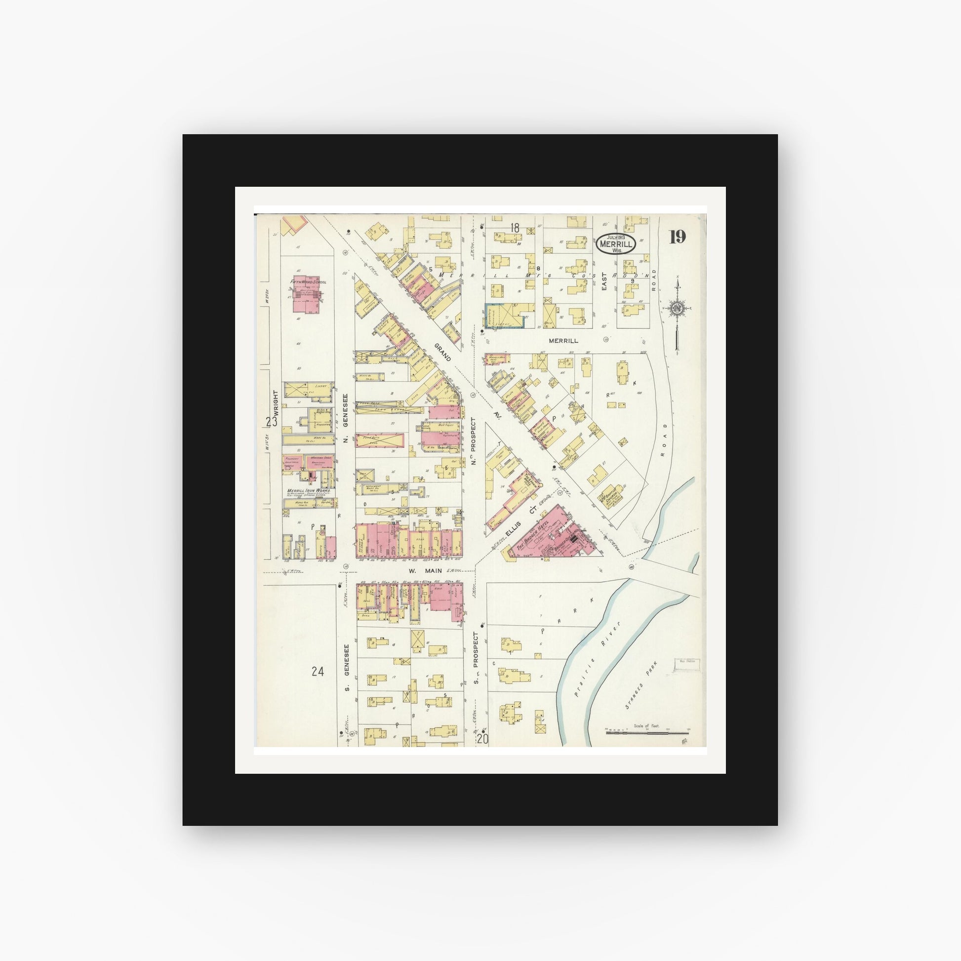 Old map wall art mockup — black gallery frame with white mat — Sanborn Fire Insurance Map from Merrill, Lincoln County, Wisconsin (1913), Sheet #0019