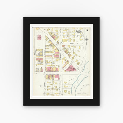 Old map wall art mockup — black gallery frame with white mat — Sanborn Fire Insurance Map from Merrill, Lincoln County, Wisconsin (1913), Sheet #0019