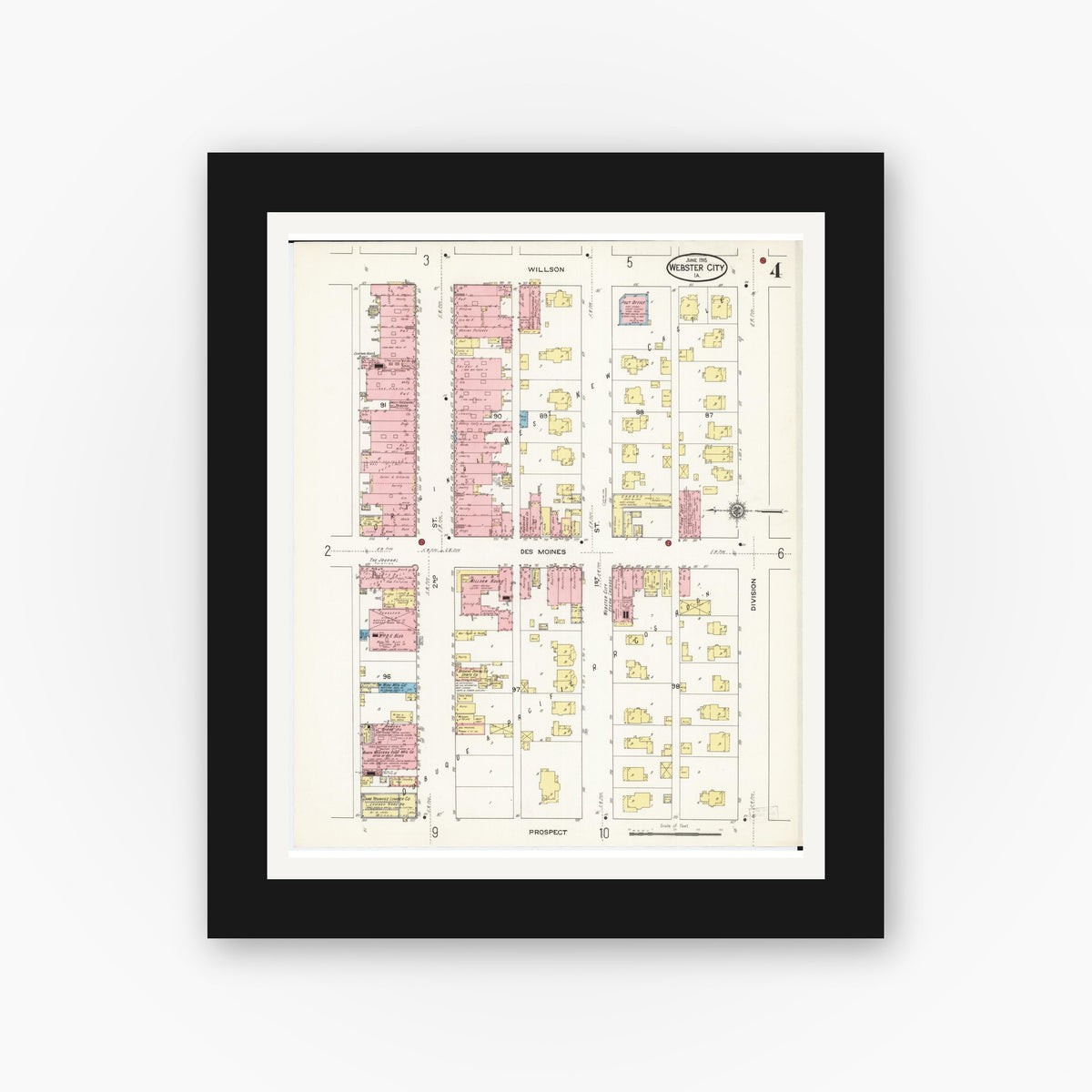 Old map wall art mockup — black gallery frame with white mat — Sanborn Fire Insurance Map from Webster City, Hamilton County, Iowa (1915), Sheet #0004