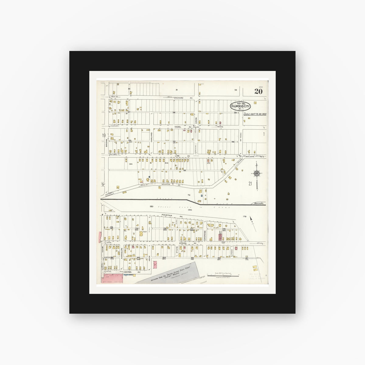 Old map wall art mockup — black gallery frame with white mat — Sanborn Fire Insurance Map from Ellwood City, Lawrence County, Pennsylvania (1921), Sheet #0020